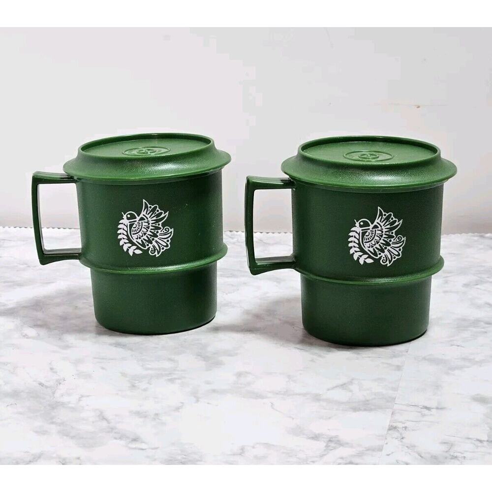 Vtg Tupperware Green Dove Holiday Christmas Stacking Cups Mugs 1312-22 Lid Top